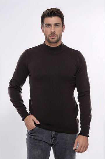 Brown Slim Fit Half Turtleneck Plain Knit Sweater | Wessi