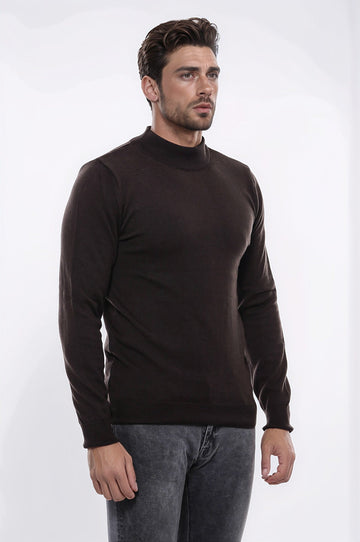 Brown Slim Fit Half Turtleneck Plain Knit Sweater | Wessi