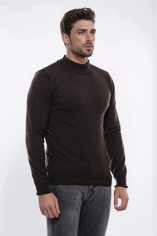 Brown Slim Fit Half Turtleneck Plain Knit Sweater | Wessi