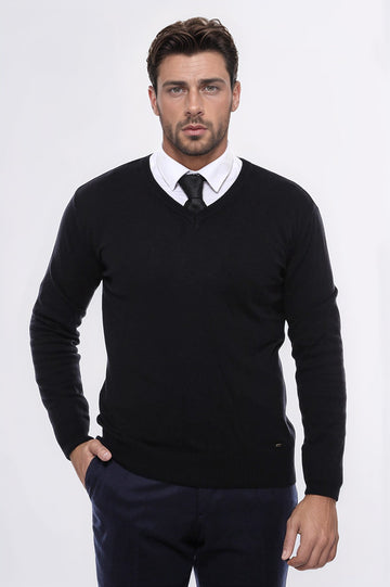 Black V-Neck Slim Fit Jumper – Wessi