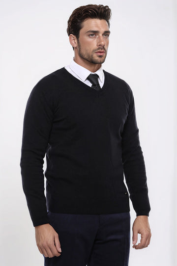 Black V-Neck Slim Fit Jumper – Wessi