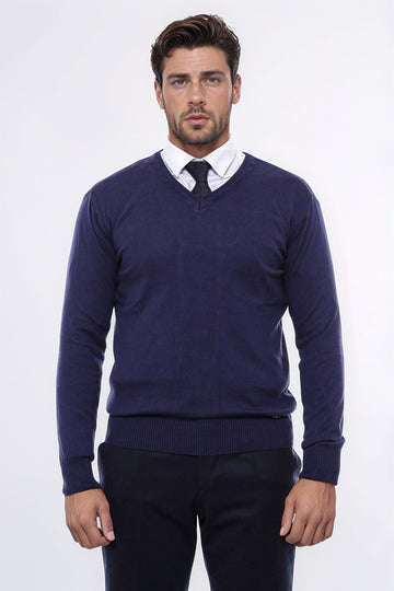 Men's Navy Blue V-Neck Slim Fit Sweater | Wessi