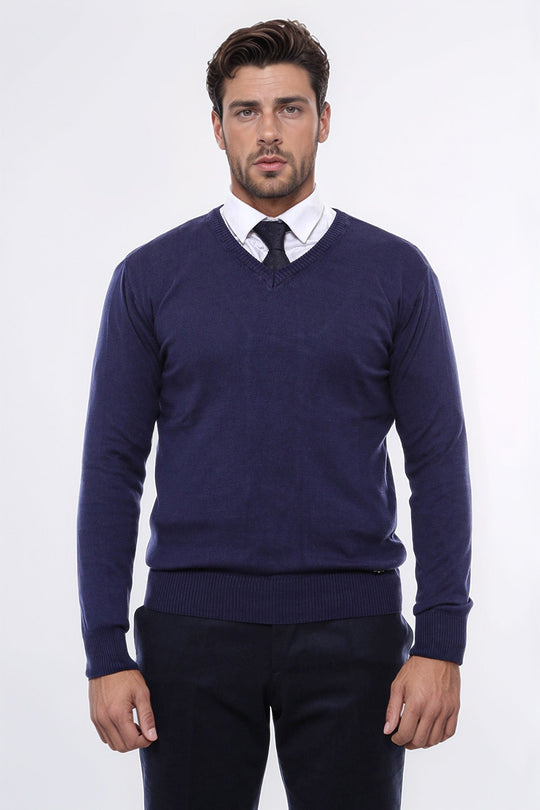 Men's Navy Blue V-Neck Slim Fit Sweater | Wessi