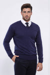 Men's Navy Blue V-Neck Slim Fit Sweater | Wessi