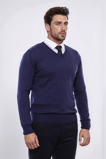 Men's Navy Blue V-Neck Slim Fit Sweater | Wessi