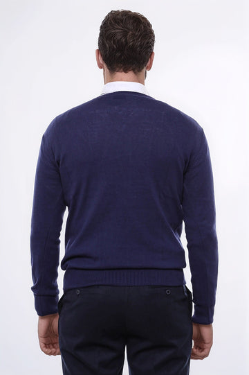 Men's Navy Blue V-Neck Slim Fit Sweater | Wessi