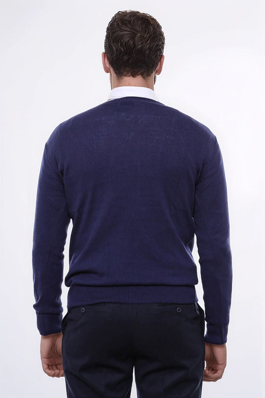 Men's Navy Blue V-Neck Slim Fit Sweater | Wessi