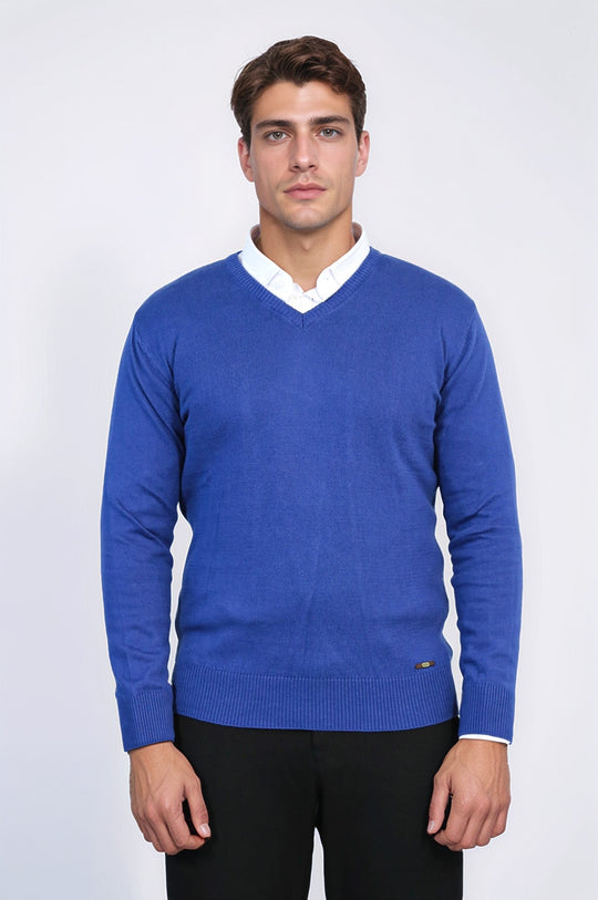 Indigo Slim Fit V-Neck Cotton Knit Jumper – Wessi