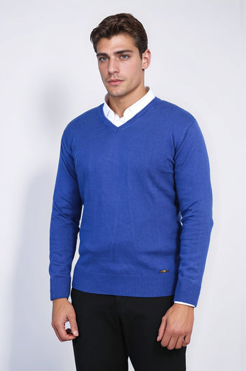 Indigo Slim Fit V-Neck Cotton Knit Jumper – Wessi