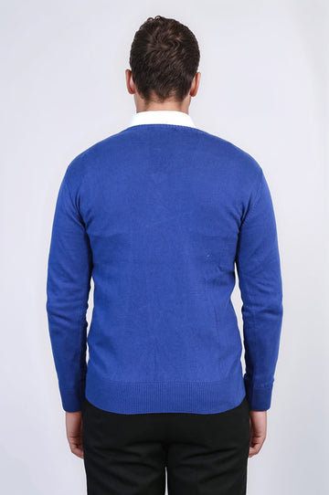 Indigo Slim Fit V-Neck Cotton Knit Jumper – Wessi