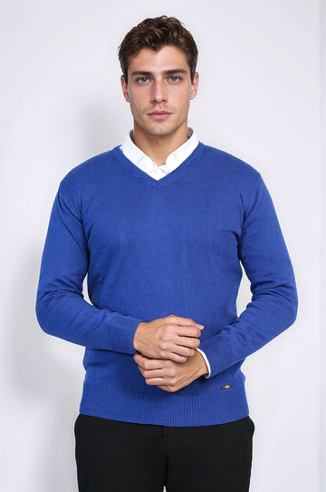 Indigo Slim Fit V-Neck Cotton Knit Jumper – Wessi
