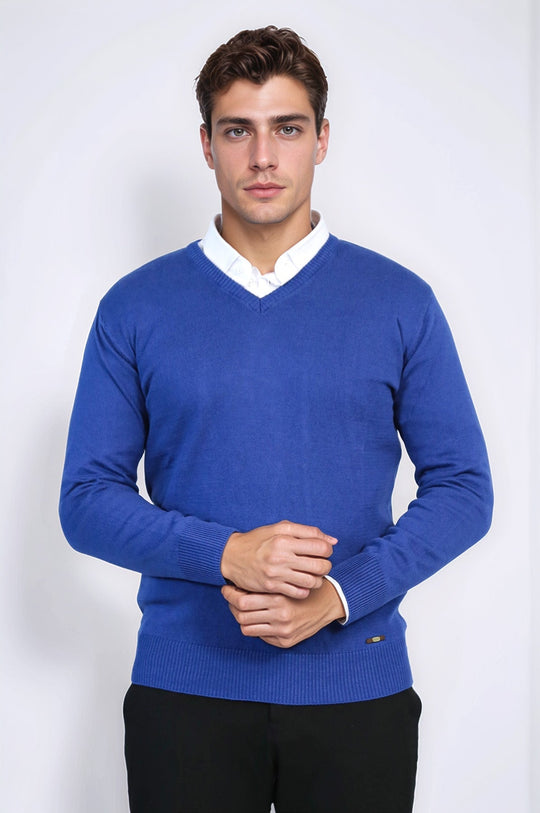 Indigo Slim Fit V-Neck Cotton Knit Jumper – Wessi