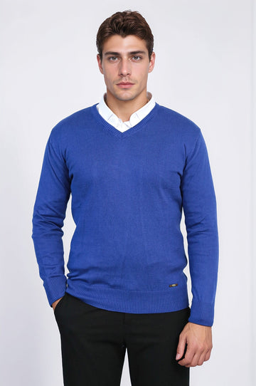 Indigo Slim Fit V-Neck Cotton Knit Jumper – Wessi
