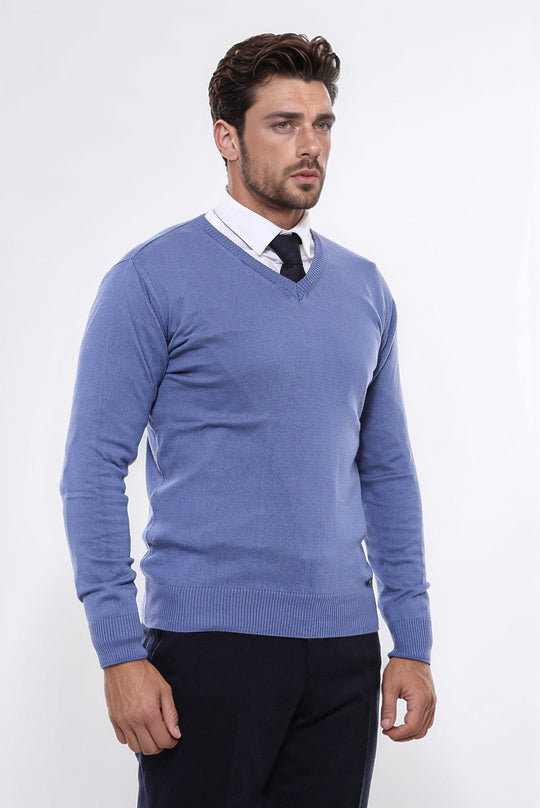 Sky Blue V-Neck Slim Fit Knitwear – Wessi