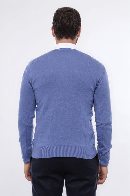 Sky Blue V-Neck Slim Fit Knitwear – Wessi