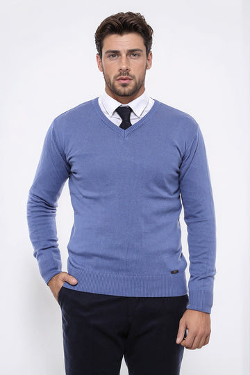 Sky Blue V-Neck Slim Fit Knitwear – Wessi