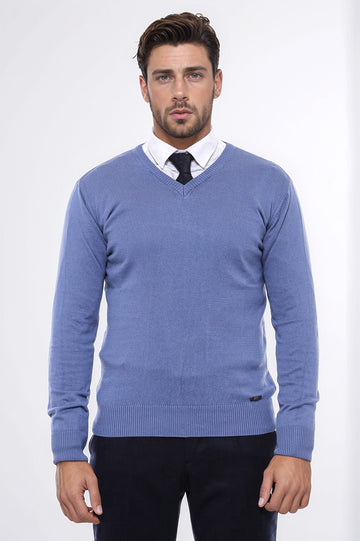 Sky Blue V-Neck Slim Fit Knitwear – Wessi