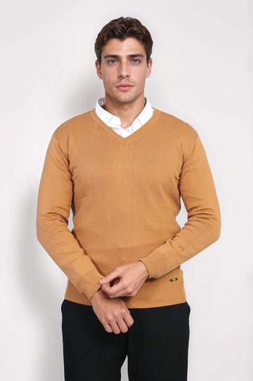 Tan Slim Fit V-Neck Cotton Knit Jumper – Wessi