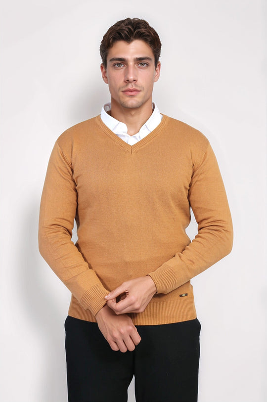 Tan Slim Fit V-Neck Cotton Knit Jumper – Wessi