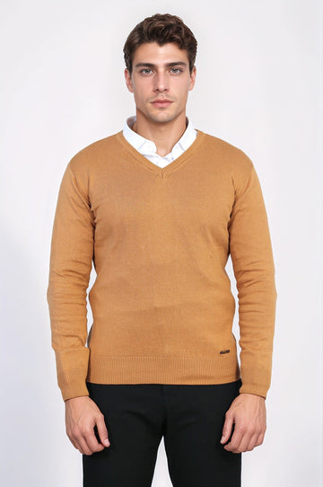 Tan Slim Fit V-Neck Cotton Knit Jumper – Wessi