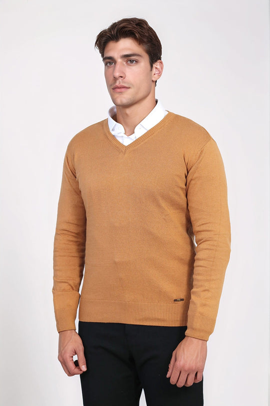 Tan Slim Fit V-Neck Cotton Knit Jumper – Wessi