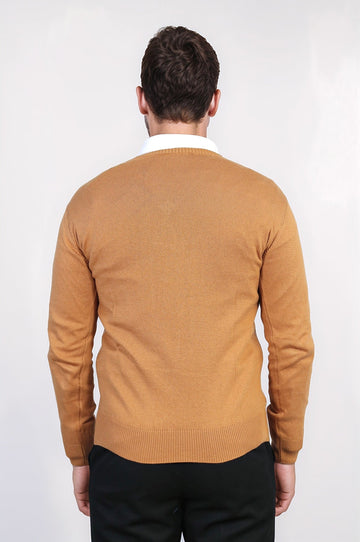 Tan Slim Fit V-Neck Cotton Knit Jumper – Wessi