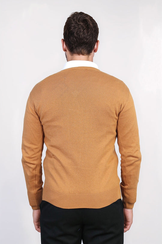 Tan Slim Fit V-Neck Cotton Knit Jumper – Wessi