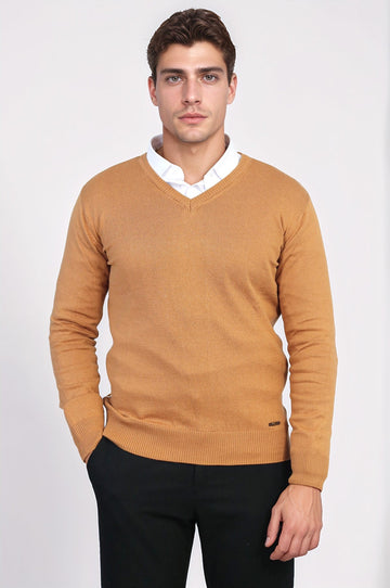 Tan Slim Fit V-Neck Cotton Knit Jumper – Wessi