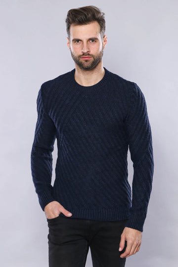 Navy Blue Slim Fit Patterned Crew Neck Sweater – Wessi