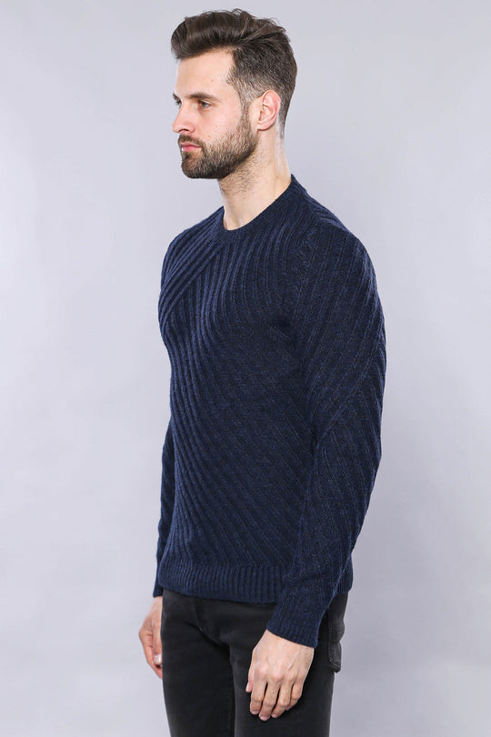 Navy Blue Slim Fit Patterned Crew Neck Sweater – Wessi