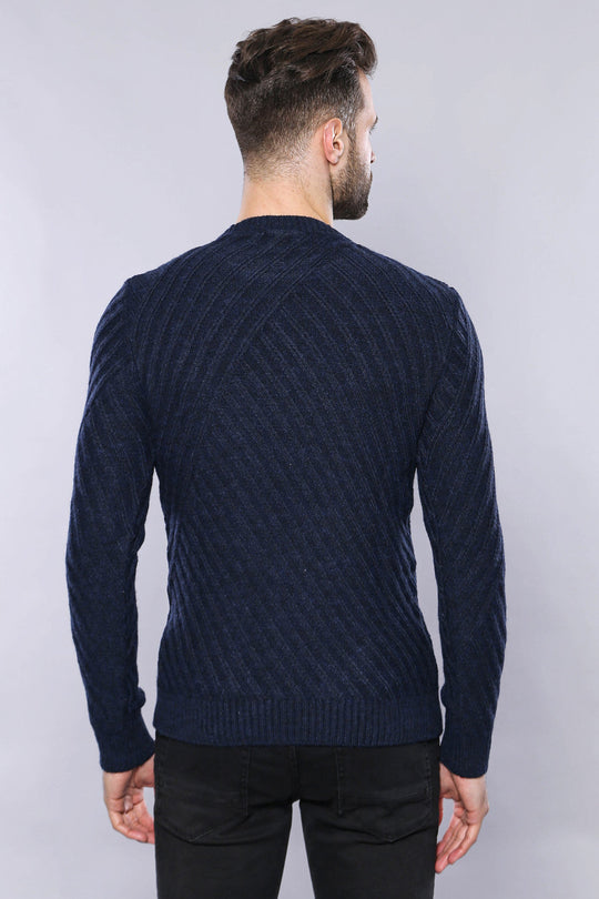 Navy Blue Slim Fit Patterned Crew Neck Sweater – Wessi