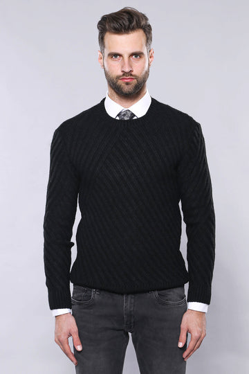 Black Slim Fit Patterned Crew Neck Sweater – Wessi