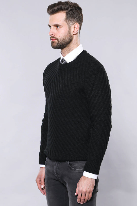 Black Slim Fit Patterned Crew Neck Sweater – Wessi