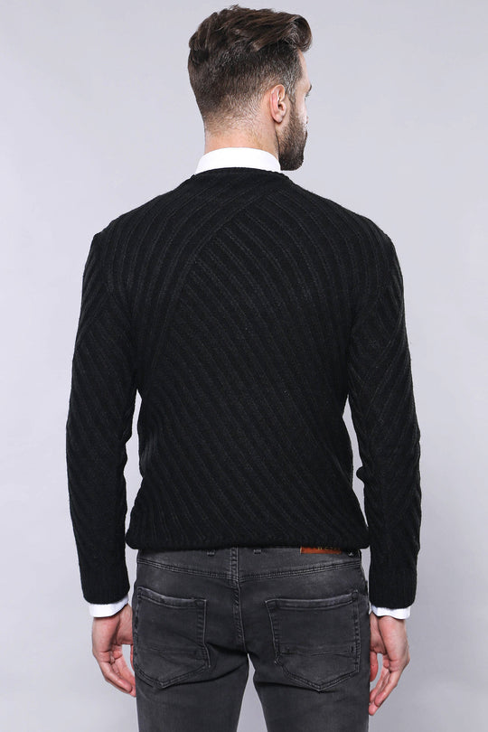 Black Slim Fit Patterned Crew Neck Sweater – Wessi