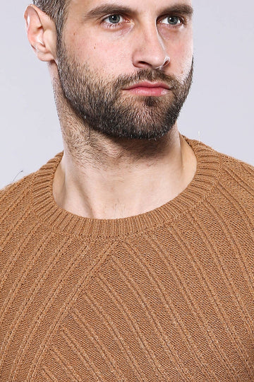 Tan Slim Fit Round Neck Patterned Cotton Knit Jumper – Wessi