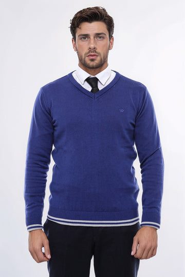 Dark Blue Slim Fit Embroidered V-Neck Knitwear | Wessi