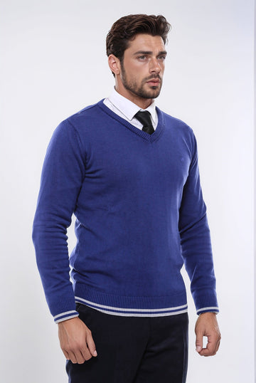 Dark Blue Slim Fit Embroidered V-Neck Knitwear | Wessi