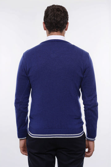 Dark Blue Slim Fit Embroidered V-Neck Knitwear | Wessi