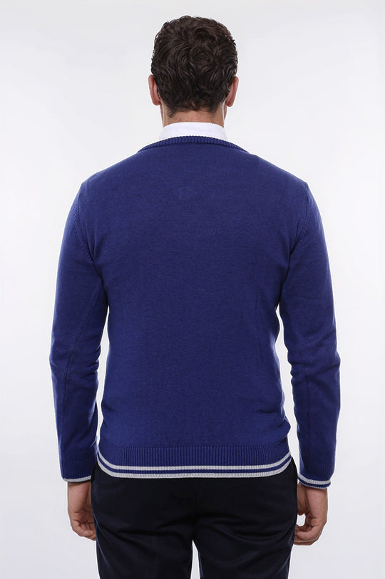 Dark Blue Slim Fit Embroidered V-Neck Knitwear | Wessi