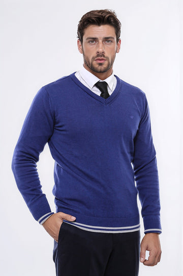 Dark Blue Slim Fit Embroidered V-Neck Knitwear | Wessi