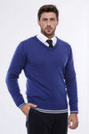 Dark Blue Slim Fit Embroidered V-Neck Knitwear | Wessi