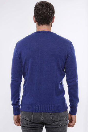 Navy Blue Slim Fit Embroidered Crew Neck Knitwear | Wessi