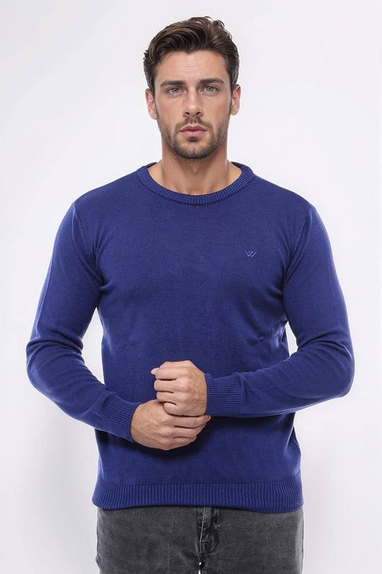 Navy Blue Slim Fit Embroidered Crew Neck Knitwear | Wessi