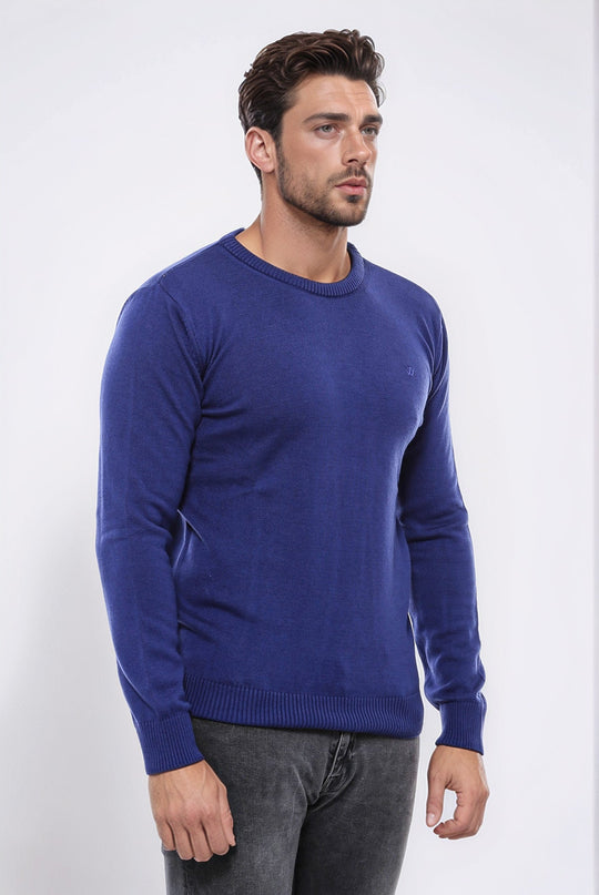 Navy Blue Slim Fit Embroidered Crew Neck Knitwear | Wessi