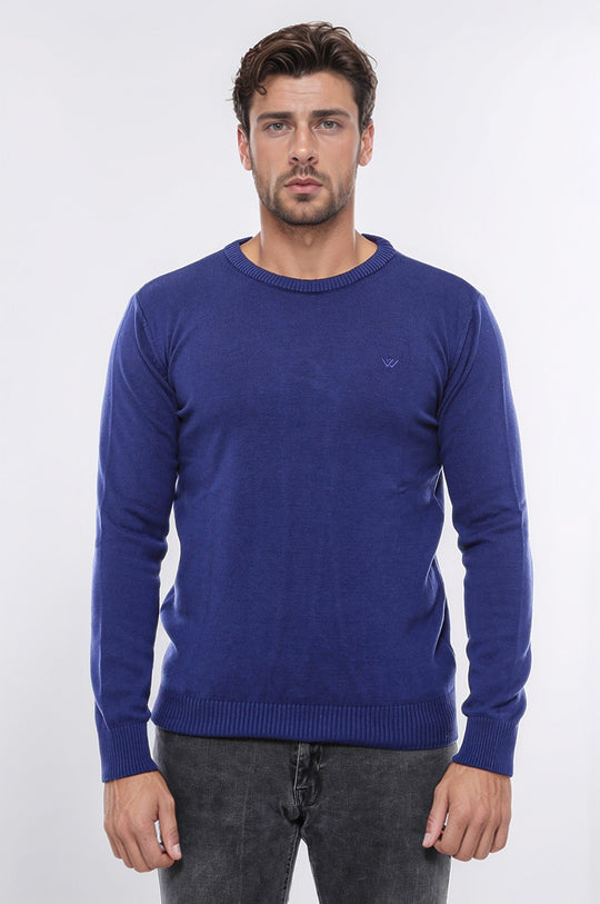 Navy Blue Slim Fit Embroidered Crew Neck Knitwear | Wessi