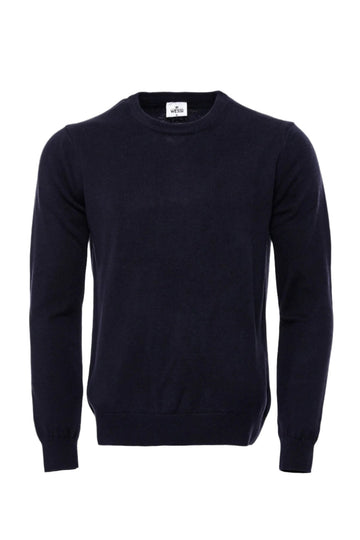 Navy Blue Slim Fit Crew Neck Cotton Knit Jumper | Wessi