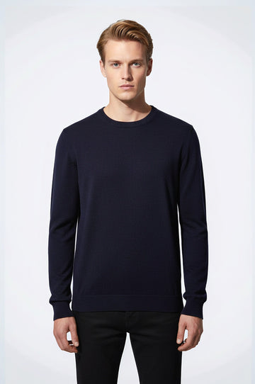 Navy Blue Slim Fit Crew Neck Cotton Knit Jumper | Wessi