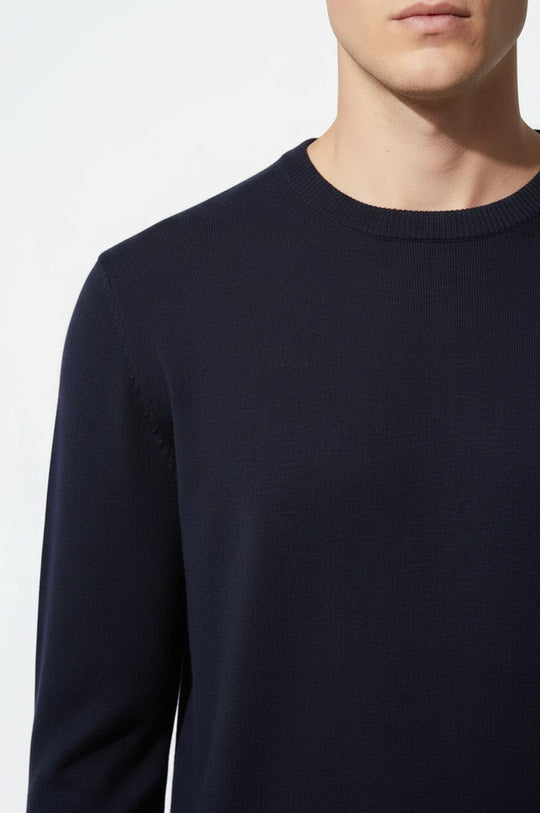 Navy Blue Slim Fit Crew Neck Cotton Knit Jumper | Wessi