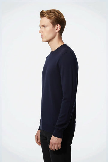 Navy Blue Slim Fit Crew Neck Cotton Knit Jumper | Wessi