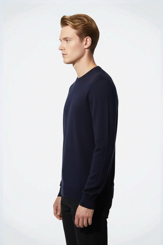 Navy Blue Slim Fit Crew Neck Cotton Knit Jumper | Wessi